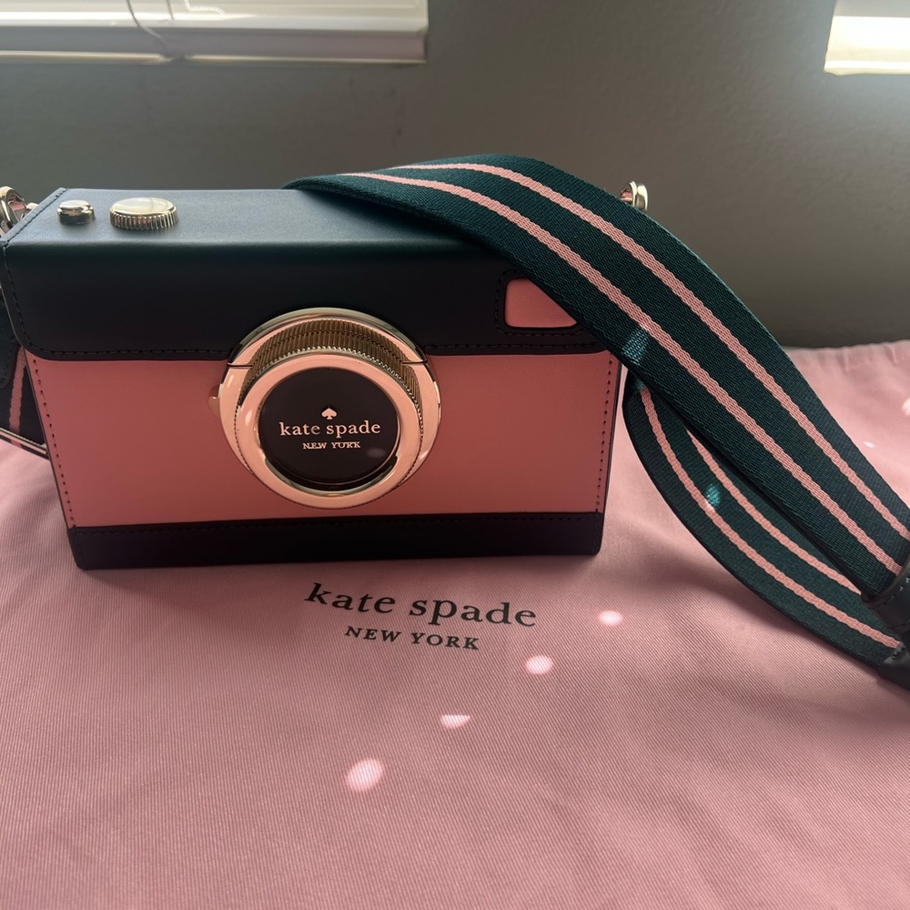 Kate Spade Novelty Bag: Camera Green and Pink Crossbody Bag with Stripe Strap